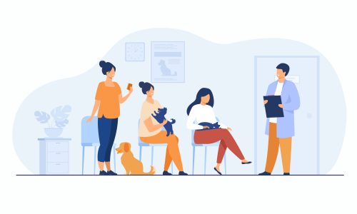 Veterinary and animal care concept. People and their pets visiting veterinarian clinic, holding sick cats and dogs in arms, waiting their turn at vet office. Flat vector illustration